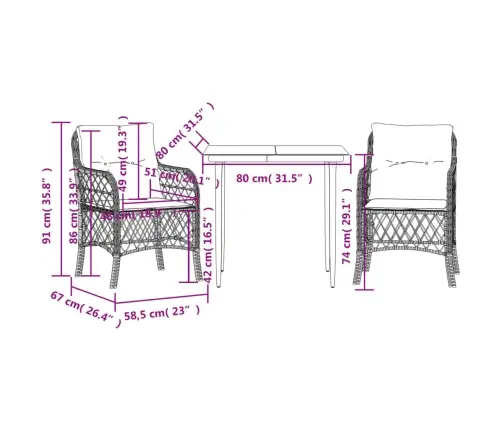 3-Daļīgs Bistro Mēbeļu Komplekts, Matrači, Bēša Pe Rotangpalma Vidaxl