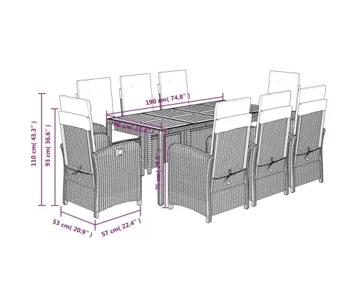 9-Daļīgs Dārza Mēbeļu Komplekts, Matrači, Melns, Pe Rotangpalma Vidaxl