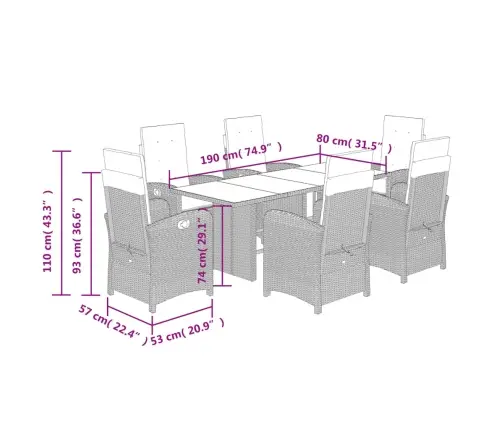 7-Osaline Aiamööblikomplekt Patjadega, Must, Polürotang