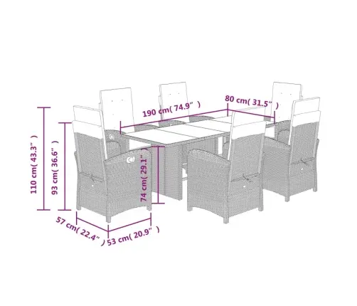 7-Osaline Aia Söögimööbli Komplekt Patjadega, Pruun, Polürotang