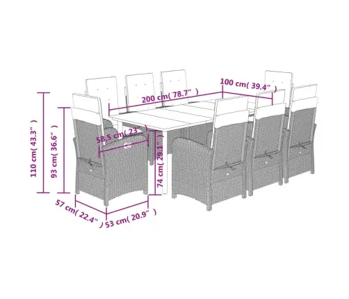 9-Daļīgs Dārza Mēbeļu Komplekts, Matrači, Melns, Pe Rotangpalma Vidaxl