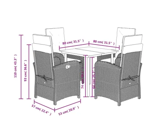 5-Osaline Aia Söögimööbli Komplekt Patjadega, Pruun, Polürotang