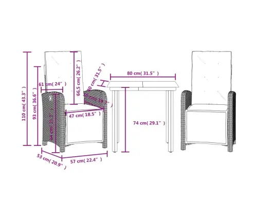 3-Osaline Bistrookomplekt Patjadega, Must, Polürotang