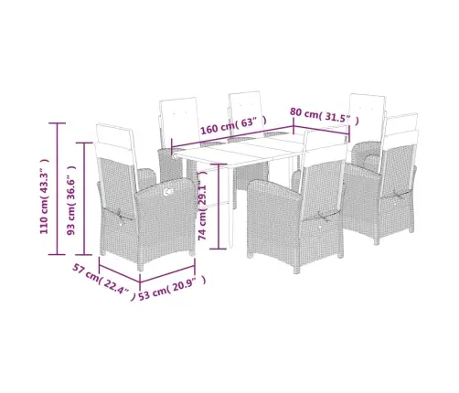 7-Osaline Aia Söögimööbli Komplekt Patjadega, Pruun, Polürotang