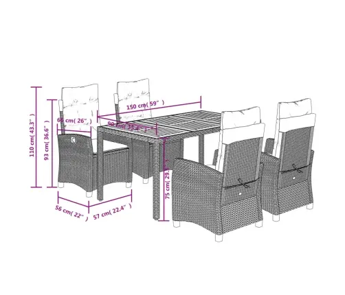 5-Daļīgs Dārza Mēbeļu Komplekts, Matrači, Melna Pe  Rotangpalma Vidaxl