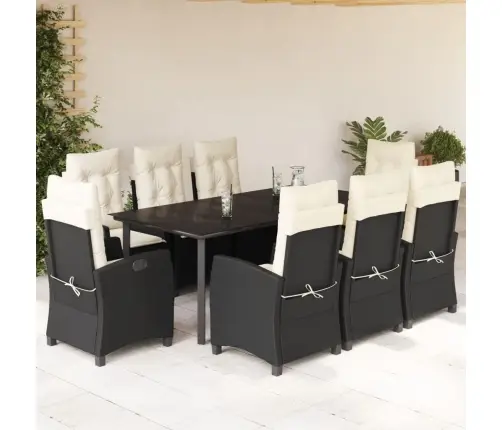 9-Daļīgs Dārza Mēbeļu Komplekts, Matrači, Melns, Pe Rotangpalma Vidaxl