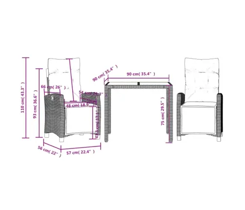 3-Osaline Aiamööbli Komplekt Patjadega, Must, Polürotang