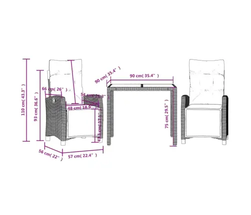 3-Daļīgs Dārza Mēbeļu Komplekts, Matrači, Pelēka Pe Rotangpalma Vidaxl