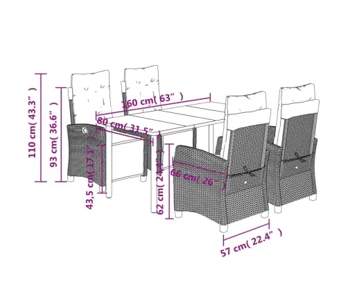5-Daļīgs Dārza Mēbeļu Komplekts, Matrači, Melna Pe  Rotangpalma Vidaxl
