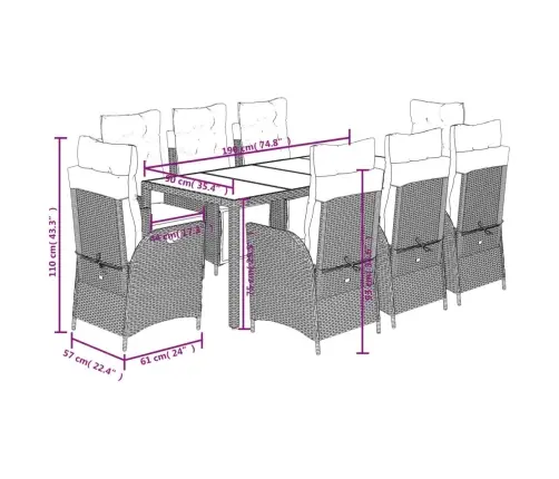 9-Daļīgs Dārza Mēbeļu Komplekts, Matrači, Melns, Pe Rotangpalma Vidaxl