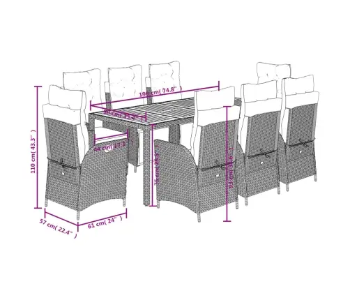 9-Daļīgs Dārza Mēbeļu Komplekts, Matrači, Melns, Pe Rotangpalma Vidaxl