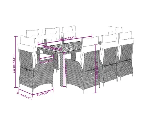 9-Osaline Aiamööbli Komplekt Patjadega, Hall, Polürotang