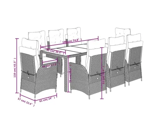 9-Daļīgs Dārza Mēbeļu Komplekts, Matrači, Melns, Pe Rotangpalma Vidaxl