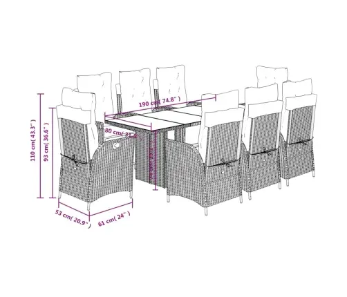 9-Osaline Aiamööbli Komplekt Patjadega, Must, Polürotang