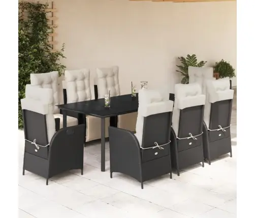 9-Daļīgs Dārza Mēbeļu Komplekts, Matrači, Melns, Pe Rotangpalma Vidaxl