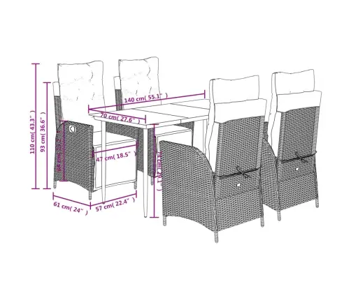 5-Daļīgs Dārza Mēbeļu Komplekts, Matrači, Melna Pe  Rotangpalma Vidaxl