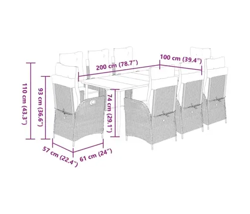 9-Osaline Aia Söögimööbli Komplekt Patjadega, Pruun, Polürotang