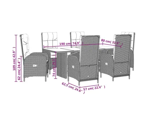 7-Daļīgs Dārza Mēbeļu Komplekts, Matrači, Pelēka Pe Rotangpalma Vidaxl
