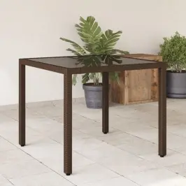 Dārza Galds Ar Stikla Virsmu, 90X90X75 Cm, Brūna Pe Rotangpalma Vidaxl