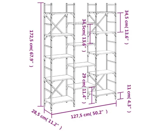 Knygų Lentyna, Pilka Ąžuolo, 127,5X28,5X172,5cm Mediena