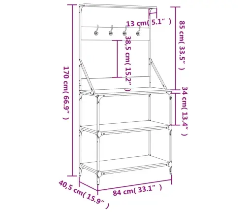 Virtuvės Lentyna Su Kabliukais, 4 Aukštų, Pilka Ąžuolo, Mediena