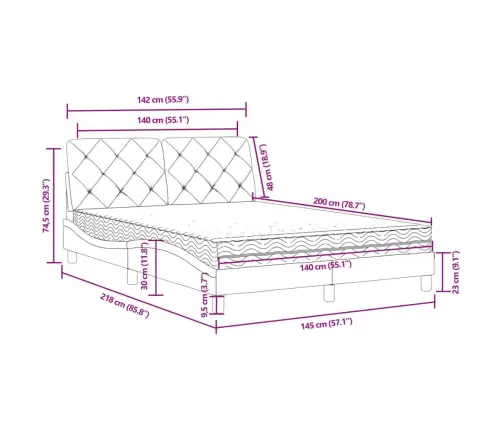 Voodi Madratsiga, Must, 140X200 cm Samet