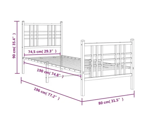 Gultas Rāmis Ar Galvgali Un Kājgali, Balts Metāls, 75X190 Cm Vidaxl