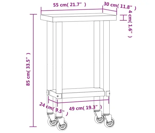 Köögi Töölaud Ratastega, 55 X 30 X 85 cm Roostevaba Teras