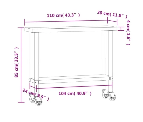 Köögi Töölaud Ratastega, 110X30X85 cm Roostevaba Teras