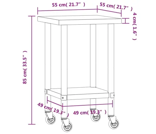 Virtuves Darba Galds, Riteņi, 55X55X85 Cm, Nerūsējošs Tērauds Vidaxl