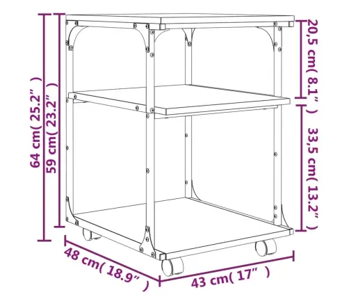 Printera Statīvs, 3 Līmeņi, Ozola Krāsa, 43X48X64 Cm, Koks Vidaxl