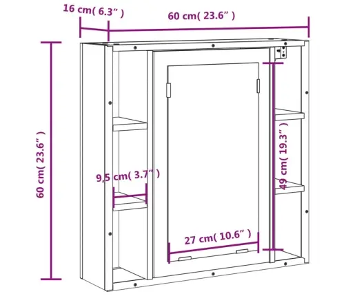 Vannitoa Peegelkapp, Hall Sonoma Tamm, 60X16X60 cm Tehispuit