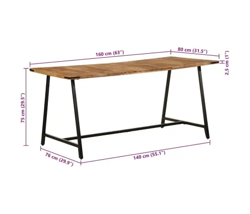 Söögilaud, 160 X 80 X 75 cm Mangopuit