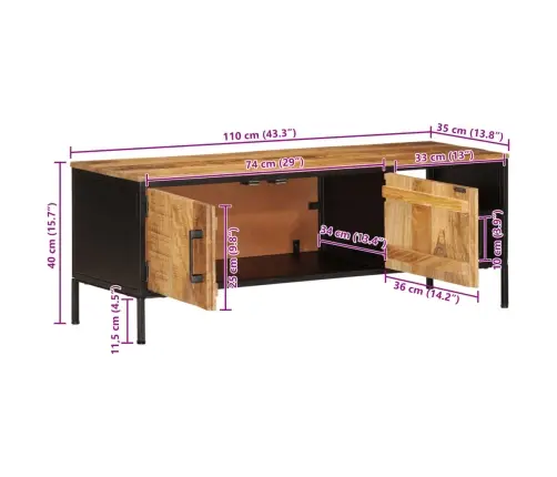 Televizoriaus Spintelė, 110X35X40cm Neapdorotas Mango Masyvas