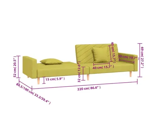 2-Vietīga Dīvāngulta Ar Diviem Spilveniem, Zaļš Audums Vidaxl