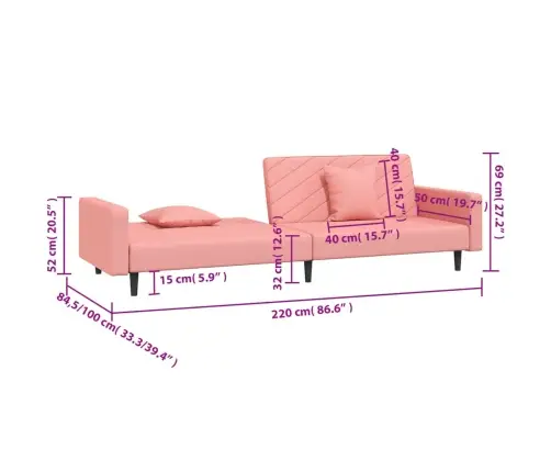 2-Vietīga Dīvāngulta Ar Diviem Spilveniem, Rozā Samts Vidaxl