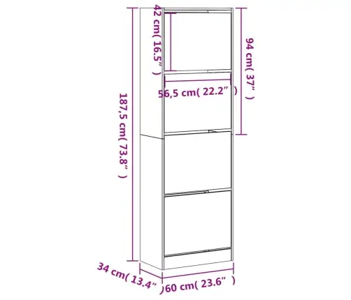 Apavu Skapītis Ar 4 Atvilktnēm, Ozolkoka Krāsa, 60X34X187,5 Cm Vidaxl
