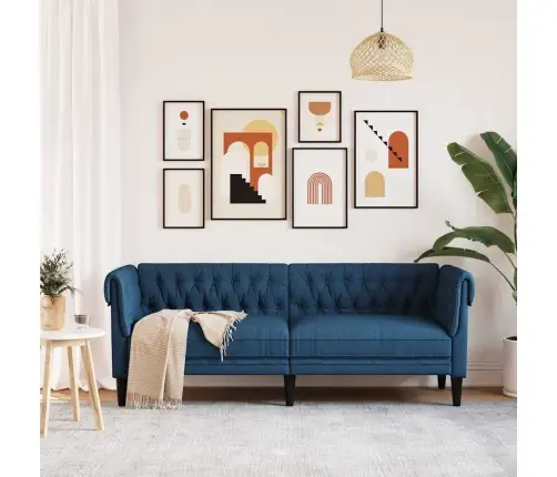 Trīsvietīgs Chesterfield Dīvāns, Zils Audums Vidaxl Trīsvietīgs Chesterfield Dīvāns, Zils Audums Vidaxl