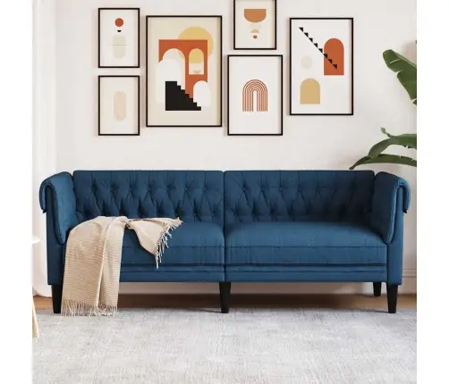 Trīsvietīgs Chesterfield Dīvāns, Zils Audums Vidaxl Trīsvietīgs Chesterfield Dīvāns, Zils Audums Vidaxl