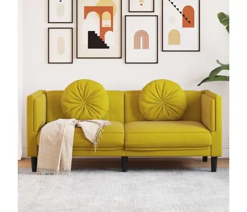 Dvivietė Sofa Su Pagalvėlėmis, Geltonos Spalvos, Aksomas