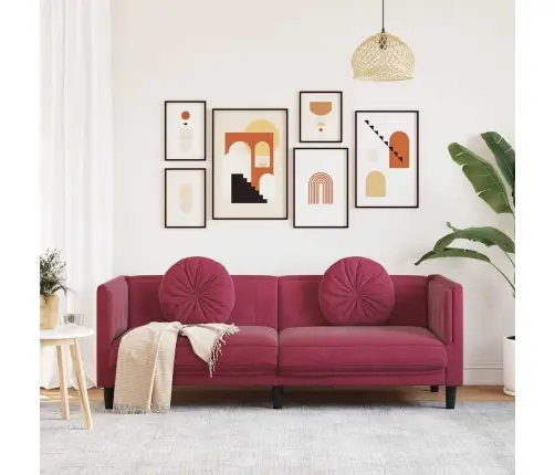 Trivietė Sofa Su Pagalvėlėmis, Vyno Raudonos Spalvos, Aksomas