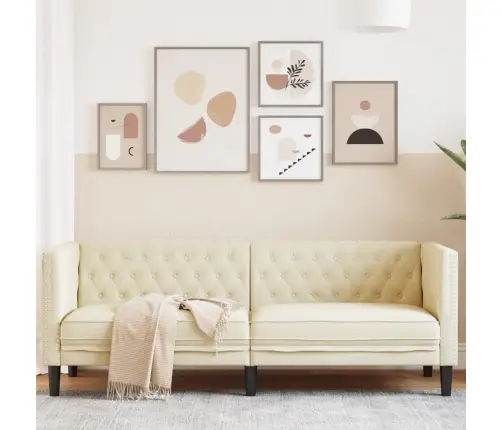 Trivietė Chesterfield Sofa, Kreminės Spalvos, Dirbtinė Oda