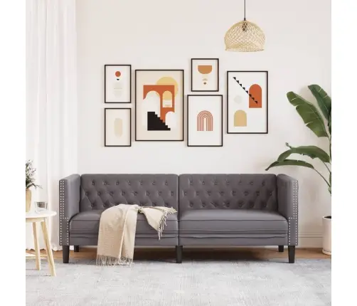 Chesterfield Sofa 3-Seater Pelēks Mākslīgā Āda Vidaxl