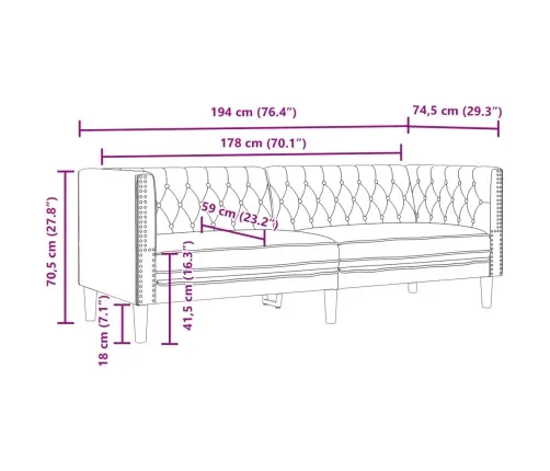 Chesterfield Sofa 3-Seater Pelēks Mākslīgā Āda Vidaxl