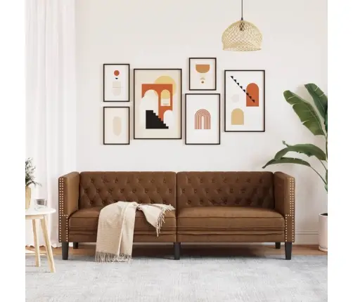 Trivietė Chesterfield Sofa, Rudos Spalvos, Dirbtinė Versta Oda