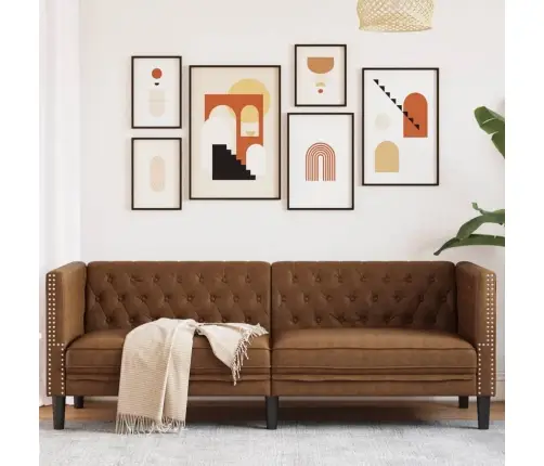 Trivietė Chesterfield Sofa, Rudos Spalvos, Dirbtinė Versta Oda