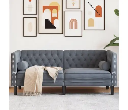 Dvivietė Chesterfield Sofa Su Pagalvėlėmis, Pilka, Aksomas