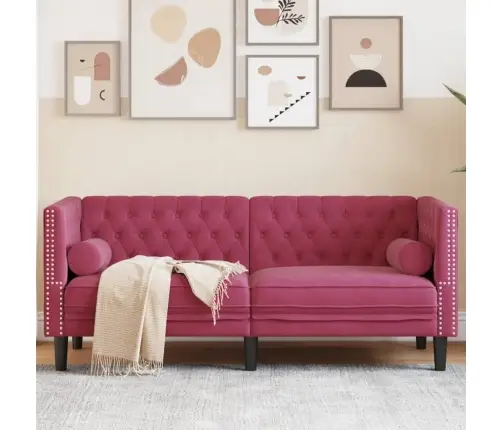Dvivietė Chesterfield Sofa Su Pagalvėlėmis, Raudona, Aksomas