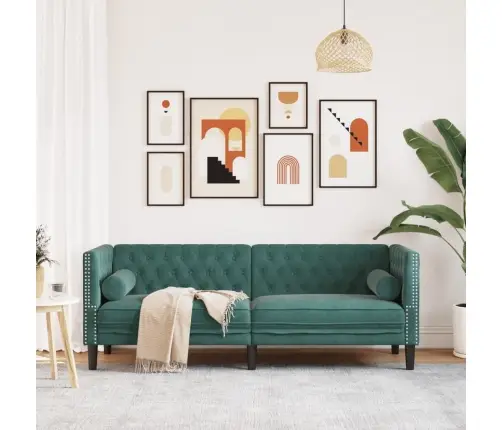 Chesterfield Dīvāns Ar Balstiem, Trīsvietīgs, Tumši Zaļš Samts Vidaxl