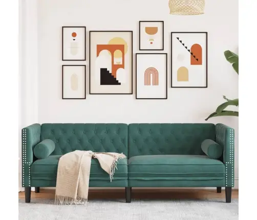 Chesterfield Dīvāns Ar Balstiem, Trīsvietīgs, Tumši Zaļš Samts Vidaxl